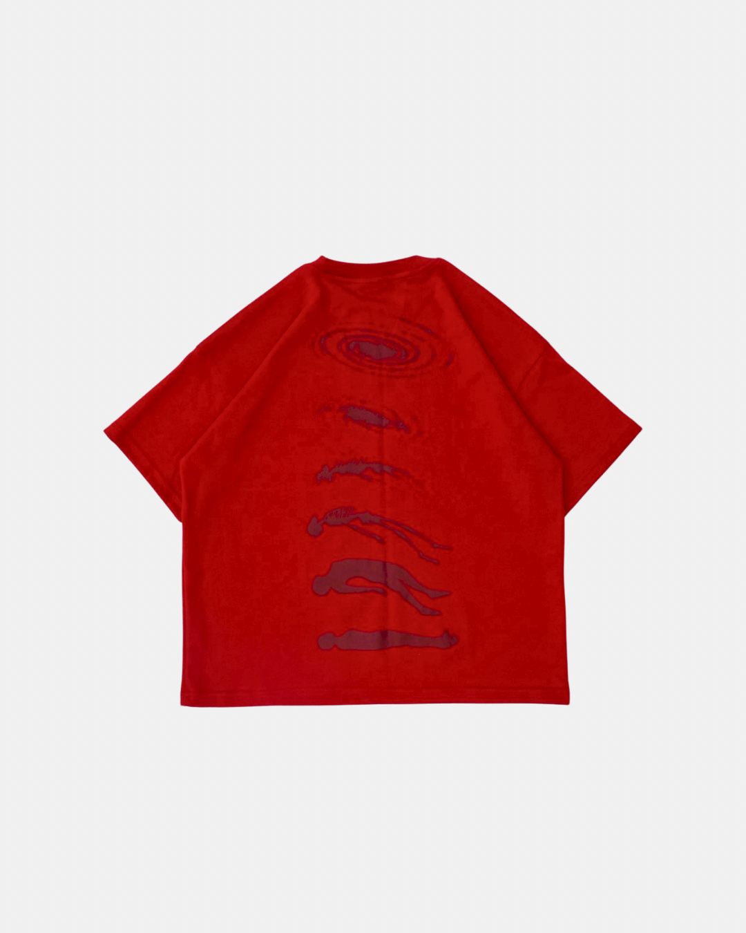 Red t-shirt with black graphics on a white background